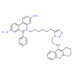 ChemSpider 2D Image | 3,8-Diamino-6-phenyl-5-(6-{1-[2-(1,2,3,4-tetrahydro-9-acridinylamino)ethyl]-1H-1,2,3-triazol-5-yl}hexyl)phenanthridinium | C42H45N8