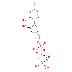 ChemSpider 2D Image | 1-{3-Deoxy-5-O-[(S)-hydroxy{[(R)-hydroxy(phosphonooxy)phosphoryl]oxy}phosphoryl]-beta-D-erythro-pentofuranosyl}-2-hydroxy-2,3-dihydro-4(1H)-pyrimidinone | C9H17N2O14P3