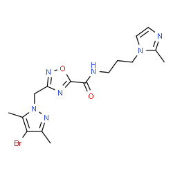 ChemSpider 2D Image | 3-[(4-Bromo-3,5-dimethyl-1H-pyrazol-1-yl)methyl]-N-[3-(2-methyl-1H-imidazol-1-yl)propyl]-1,2,4-oxadiazole-5-carboxamide | C16H20BrN7O2