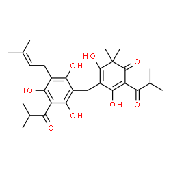 ChemSpider 2D Image | 3,5-Dihydroxy-2-isobutyryl-6,6-dimethyl-4-[2,4,6-trihydroxy-3-isobutyryl-5-(3-methyl-2-buten-1-yl)benzyl]-2,4-cyclohexadien-1-one | C28H36O8