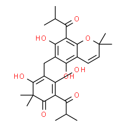 ChemSpider 2D Image | 4-[(5,7-Dihydroxy-8-isobutyryl-2,2-dimethyl-2H-chromen-6-yl)methyl]-3,5-dihydroxy-2-isobutyryl-6,6-dimethyl-2,4-cyclohexadien-1-one | C28H34O8