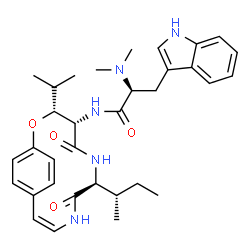 ChemSpider 2D Image | N-[(3R,4S,7S,10Z)-7-[(2S)-2-Butanyl]-3-isopropyl-5,8-dioxo-2-oxa-6,9-diazabicyclo[10.2.2]hexadeca-1(14),10,12,15-tetraen-4-yl]-Nalpha,Nalpha-dimethyl-L-tryptophanamide | C33H43N5O4