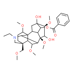 ChemSpider 2D Image | (5xi,9xi,10xi,13xi,16beta,17xi)-20-Ethyl-13,15-dihydroxy-1,6,8,16-tetramethoxy-4-(methoxymethyl)aconitan-14-yl benzoate | C33H47NO9