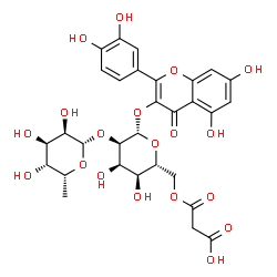 ChemSpider 2D Image | 2-(3,4-Dihydroxyphenyl)-5,7-dihydroxy-4-oxo-4H-chromen-3-yl 6-O-(carboxyacetyl)-2-O-(6-deoxy-beta-D-gulopyranosyl)-beta-D-allopyranoside | C30H32O19