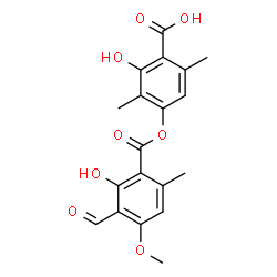 ChemSpider 2D Image | 4-[(3-Formyl-2-hydroxy-4-methoxy-6-methylbenzoyl)oxy]-2-hydroxy-3,6-dimethylbenzoic acid | C19H18O8