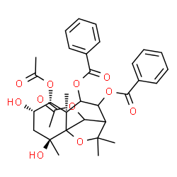 ChemSpider 2D Image | (2S,4S,5R,6S)-5,12-Diacetoxy-2,4-dihydroxy-2,6,10,10-tetramethyl-11-oxatricyclo[7.2.1.0~1,6~]dodecane-7,8-diyl dibenzoate | C33H38O11