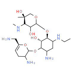 ChemSpider 2D Image | (1S,2S)-4-Amino-3-{[3-amino-6-(aminomethyl)-3,4-dihydro-2H-pyran-2-yl]oxy}-6-(ethylamino)-2-hydroxycyclohexyl (2xi)-3-deoxy-4-C-methyl-3-(methylamino)-L-threo-pentopyranoside | C21H41N5O7