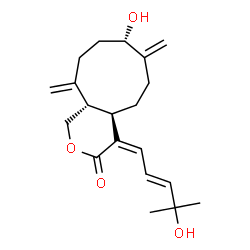 ChemSpider 2D Image | (4Z,4aR,8S,11aS)-8-Hydroxy-4-[(2E)-4-hydroxy-4-methyl-2-penten-1-ylidene]-7,11-bis(methylene)decahydrocyclonona[c]pyran-3(1H)-one | C20H28O4
