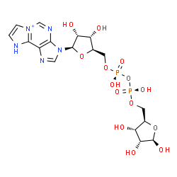ChemSpider 2D Image | 3-[(2R,3R,4S,5R)-3,4-Dihydroxy-5-({[(R)-hydroxy{[(R)-hydroxy{[(2R,3S,4R,5R)-3,4,5-trihydroxytetrahydro-2-furanyl]methoxy}phosphoryl]oxy}phosphoryl]oxy}methyl)tetrahydro-2-furanyl]-3,9-dihydroimidazo[2
,1-i]purin-6-ium | C17H24N5O14P2