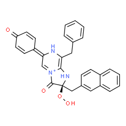 ChemSpider 2D Image | (2S)-8-Benzyl-2-hydroperoxy-2-(2-naphthylmethyl)-3-oxo-6-(4-oxo-2,5-cyclohexadien-1-ylidene)-2,3,6,7-tetrahydro-1H-imidazo[1,2-a]pyrazin-4-ium | C30H24N3O4