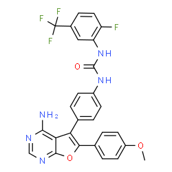 ChemSpider 2D Image | 1-{4-[4-Amino-6-(4-methoxyphenyl)furo[2,3-d]pyrimidin-5-yl]phenyl}-3-[2-fluoro-5-(trifluoromethyl)phenyl]urea | C27H19F4N5O3