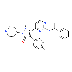ChemSpider 2D Image | 4-(4-FLUOROPHENYL)-1-METHYL-5-(2-{[(1S)-1-PHENYLETHYL]AMINO}PYRIMIDIN-4-YL)-2-PIPERIDIN-4-YL-1,2-DIHYDRO-3H-PYRAZOL-3-ONE | C27H29FN6O