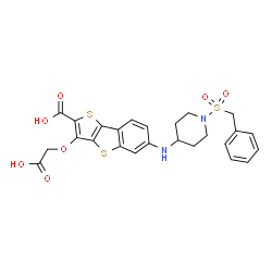ChemSpider 2D Image | 6-{[1-(Benzylsulfonyl)-4-piperidinyl]amino}-3-(carboxymethoxy)thieno[3,2-b][1]benzothiophene-2-carboxylic acid | C25H24N2O7S3