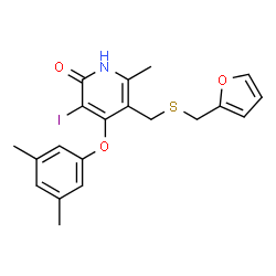 ChemSpider 2D Image | 4-(3,5-DIMETHYLPHENOXY)-5-(FURAN-2-YLMETHYLSULFANYLMETHYL)-3-IODO-6-METHYLPYRIDIN-2(1H)-ONE | C20H20INO3S