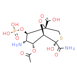 ChemSpider 2D Image | (1R,4R,5R,6R,7S,8R)-6-Acetoxy-7-amino-4-carbamoyl-4-hydroxy-8-(phosphonooxy)-9-oxa-3-thiabicyclo[3.3.1]nonane-1-carboxylic acid | C11H17N2O11PS