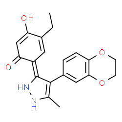 ChemSpider 2D Image | 6-[4-(2,3-dihydro-1,4-benzodioxin-6-yl)-5-methyl-1,2-dihydropyrazol-3-ylidene]-4-ethyl-3-hydroxy-1-cyclohexa-2,4-dienone | C20H20N2O4