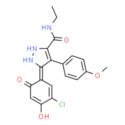 ChemSpider 2D Image | (5Z)-5-(3-Chloro-4-hydroxy-6-oxo-2,4-cyclohexadien-1-ylidene)-N-ethyl-4-(4-methoxyphenyl)-2,5-dihydro-1H-pyrazole-3-carboxamide | C19H18ClN3O4