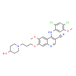 ChemSpider 2D Image | 4-[(2,4-Dichloro-5-methoxyphenyl)amino]-7-[3-(4-hydroxy-1-piperidinyl)propoxy]-6-methoxy-3-quinolinecarbonitrile | C26H28Cl2N4O4