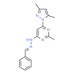 ChemSpider 2D Image | 4-[(2E)-2-Benzylidenehydrazino]-6-(3,5-dimethyl-1H-pyrazol-1-yl)-2-methylpyrimidine | C17H18N6