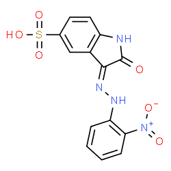 ChemSpider 2D Image | (3Z)-3-[(2-Nitrophenyl)hydrazono]-2-oxo-5-indolinesulfonic acid | C14H10N4O6S