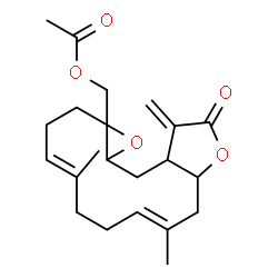 ChemSpider 2D Image | [(4E,8E)-5,9-Dimethyl-13-methylene-12-oxo-3,6,7,10,10a,12,13,13a,14,14a-decahydrooxireno[4,5]cyclotetradeca[1,2-b]furan-1a(2H)-yl]methyl acetate | C22H30O5