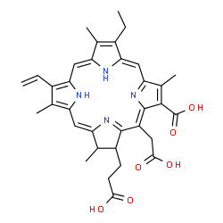 ChemSpider 2D Image | 18-(2-Carboxyethyl)-20-(carboxymethyl)-7-ethyl-3,8,13,17-tetramethyl-12-vinyl-17,18-dihydro-2-porphyrincarboxylic acid | C34H36N4O6