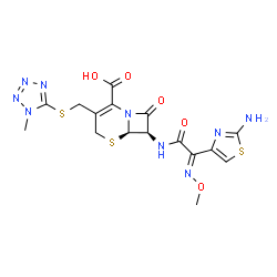 ChemSpider 2D Image | (6R,7R)-7-{[(2E)-2-(2-Amino-1,3-thiazol-4-yl)-2-(methoxyimino)acetyl]amino}-3-{[(1-methyl-1H-tetrazol-5-yl)sulfanyl]methyl}-8-oxo-5-thia-1-azabicyclo[4.2.0]oct-2-ene-2-carboxylic acid | C16H17N9O5S3