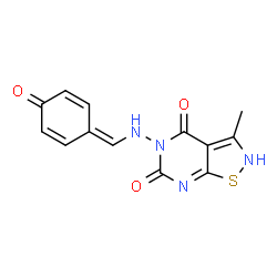ChemSpider 2D Image | 3-Methyl-5-{[(4-oxo-2,5-cyclohexadien-1-ylidene)methyl]amino}[1,2]thiazolo[5,4-d]pyrimidine-4,6(2H,5H)-dione | C13H10N4O3S
