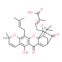 ChemSpider 2D Image | (2E)-4-[12-Hydroxy-8,8,21,21-tetramethyl-5-(3-methyl-2-buten-1-yl)-14,18-dioxo-3,7,20-trioxahexacyclo[15.4.1.0~2,15~.0~2,19~.0~4,13~.0~6,11~]docosa-4(13),5,9,11,15-pentaen-19-yl]-2-methyl-2-butenoic a
cid | C33H36O8