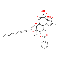 ChemSpider 2D Image | 6,7-Dihydroxy-8-(hydroxymethyl)-16-isopropenyl-4,18-dimethyl-14-[(1E,3E)-1,3-nonadien-1-yl]-5-oxo-9,13,15,19-tetraoxahexacyclo[12.4.1.0~1,11~.0~2,6~.0~8,10~.0~12,16~]nonadec-3-en-17-yl benzoate | C37H44O10