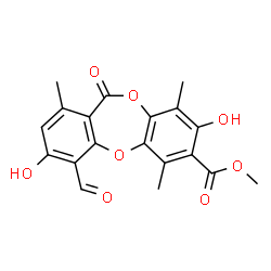 ChemSpider 2D Image | Methyl 4-formyl-3,8-dihydroxy-1,6,9-trimethyl-11-oxo-11H-dibenzo[b,e][1,4]dioxepine-7-carboxylate | C19H16O8