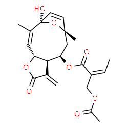 ChemSpider 2D Image | (1R,2Z,4R,8R,9R,11S)-1-Hydroxy-2,11-dimethyl-7-methylene-6-oxo-5,14-dioxatricyclo[9.2.1.0~4,8~]tetradeca-2,12-dien-9-yl (2Z)-2-(acetoxymethyl)-2-butenoate | C22H26O8