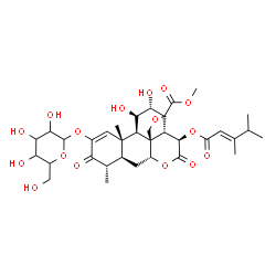 ChemSpider 2D Image | Methyl (11beta,12alpha,13xi,15beta)-15-{[(2E)-3,4-dimethyl-2-pentenoyl]oxy}-2-(hexopyranosyloxy)-11,12-dihydroxy-3,16-dioxo-13,20-epoxypicras-1-en-21-oate | C34H46O16