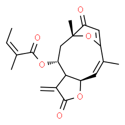 ChemSpider 2D Image | (2Z,4R,9R,11R)-2,11-Dimethyl-7-methylene-6,12-dioxo-5,14-dioxatricyclo[9.2.1.0~4,8~]tetradeca-1(13),2-dien-9-yl (2Z)-2-methyl-2-butenoate | C20H22O6