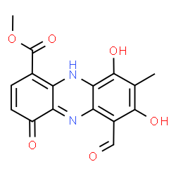 ChemSpider 2D Image | Methyl 6-formyl-7,9-dihydroxy-8-methyl-4-oxo-4,10-dihydro-1-phenazinecarboxylate | C16H12N2O6