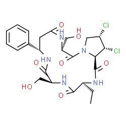 ChemSpider 2D Image | (3S,6S,9S,13S,17S,18R,18aR)-17,18-Dichloro-3-ethyl-6,13-bis(hydroxymethyl)-9-phenyldodecahydropyrrolo[1,2-d][1,4,7,10,13]pentaazacyclohexadecine-1,4,7,11,14(8H)-pentone | C24H31Cl2N5O7