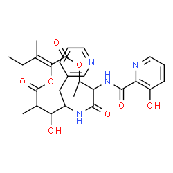 ChemSpider 2D Image | N-[(2Z)-2-(2-Butanylidene)-10-hydroxy-5,11-dimethyl-3,7,12-trioxo-9-(3-pyridinylmethyl)-1,4-dioxa-8-azacyclododecan-6-yl]-3-hydroxy-2-pyridinecarboxamide | C27H32N4O8