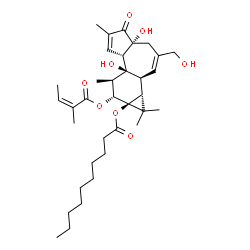 ChemSpider 2D Image | (1aR,1bS,4aR,7aS,7bS,8R,9R,9aS)-4a,7b-Dihydroxy-3-(hydroxymethyl)-1,1,6,8-tetramethyl-9-{[(2Z)-2-methyl-2-butenoyl]oxy}-5-oxo-1,1a,1b,4,4a,5,7a,7b,8,9-decahydro-9aH-cyclopropa[3,4]benzo[1,2-e]azulen-9
a-yl decanoate | C35H52O8