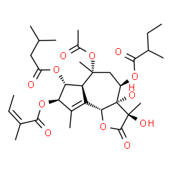 ChemSpider 2D Image | (3R,3aS,4R,6R,6aS,7R,8R,9bR)-6-Acetoxy-3,3a-dihydroxy-3,6,9-trimethyl-4-[(2-methylbutanoyl)oxy]-7-[(3-methylbutanoyl)oxy]-2-oxo-2,3,3a,4,5,6,6a,7,8,9b-decahydroazuleno[4,5-b]furan-8-yl (2Z)-2-methyl-2
-butenoate | C32H46O12