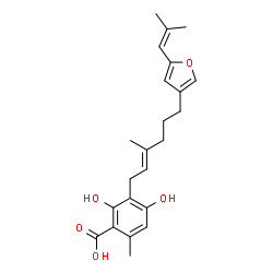 ChemSpider 2D Image | 2,4-Dihydroxy-6-methyl-3-{(2E)-3-methyl-6-[5-(2-methyl-1-propen-1-yl)-3-furyl]-2-hexen-1-yl}benzoic acid | C23H28O5
