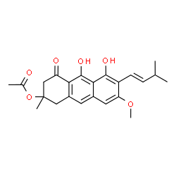 ChemSpider 2D Image | 5,10-Dihydroxy-7-methoxy-2-methyl-6-[(1E)-3-methyl-1-buten-1-yl]-4-oxo-1,2,3,4-tetrahydro-2-anthracenyl acetate | C23H26O6