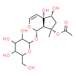 ChemSpider 2D Image | (1S,4aS,5R,7S,7aS)-1-(Hexopyranosyloxy)-4a,5-dihydroxy-7-methyl-1,4a,5,6,7,7a-hexahydrocyclopenta[c]pyran-7-yl acetate | C17H26O11