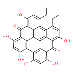 ChemSpider 2D Image | 3,4-Diethyl-1,6,8,10,11,13-hexahydroxyphenanthro[1,10,9,8-opqra]perylene-7,14-dione | C32H20O8