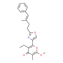 ChemSpider 2D Image | 3-Ethyl-6-methoxy-5-methyl-2-(2-((3E)-3-methyl-4-phenyl-3-butenyl)-4-oxazolyl)-4H-pyran-4-one | C23H25NO4