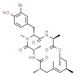 ChemSpider 2D Image | (3S,6R,9S,12S,14E,16R,18S)-6-(3-Bromo-4-hydroxybenzyl)-3,7,9,12,14,16,18-heptamethyl-1-oxa-4,7,10-triazacyclooctadec-14-ene-2,5,8,11-tetrone | C28H40BrN3O6