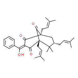 ChemSpider 2D Image | (1R,3Z,5S,7S)-3-[Hydroxy(phenyl)methylene]-6,6-dimethyl-1,5,7-tris(3-methyl-2-buten-1-yl)bicyclo[3.3.1]nonane-2,4,9-trione | C33H42O4
