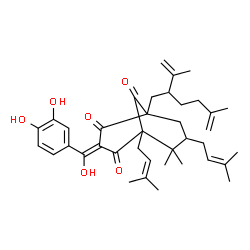 ChemSpider 2D Image | (3Z)-3-[(3,4-Dihydroxyphenyl)(hydroxy)methylene]-1-(2-isopropenyl-5-methyl-5-hexen-1-yl)-6,6-dimethyl-5,7-bis(3-methyl-2-buten-1-yl)bicyclo[3.3.1]nonane-2,4,9-trione | C38H50O6