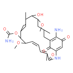 ChemSpider 2D Image | (10E)-19-Amino-13-hydroxy-8,14-dimethoxy-4,10,12,16-tetramethyl-3,20,22-trioxo-2-azabicyclo[16.3.1]docosa-1(21),4,6,10,18-pentaen-9-yl carbamate | C28H39N3O8
