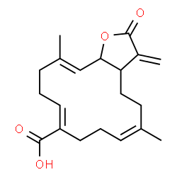 ChemSpider 2D Image | (6Z,10Z,14E)-6,14-Dimethyl-3-methylene-2-oxo-2,3,3a,4,5,8,9,12,13,15a-decahydrocyclotetradeca[b]furan-10-carboxylic acid | C20H26O4