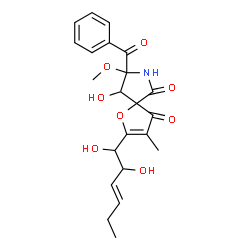 ChemSpider 2D Image | 8-Benzoyl-2-[(3E)-1,2-dihydroxy-3-hexen-1-yl]-9-hydroxy-8-methoxy-3-methyl-1-oxa-7-azaspiro[4.4]non-2-ene-4,6-dione | C22H25NO8